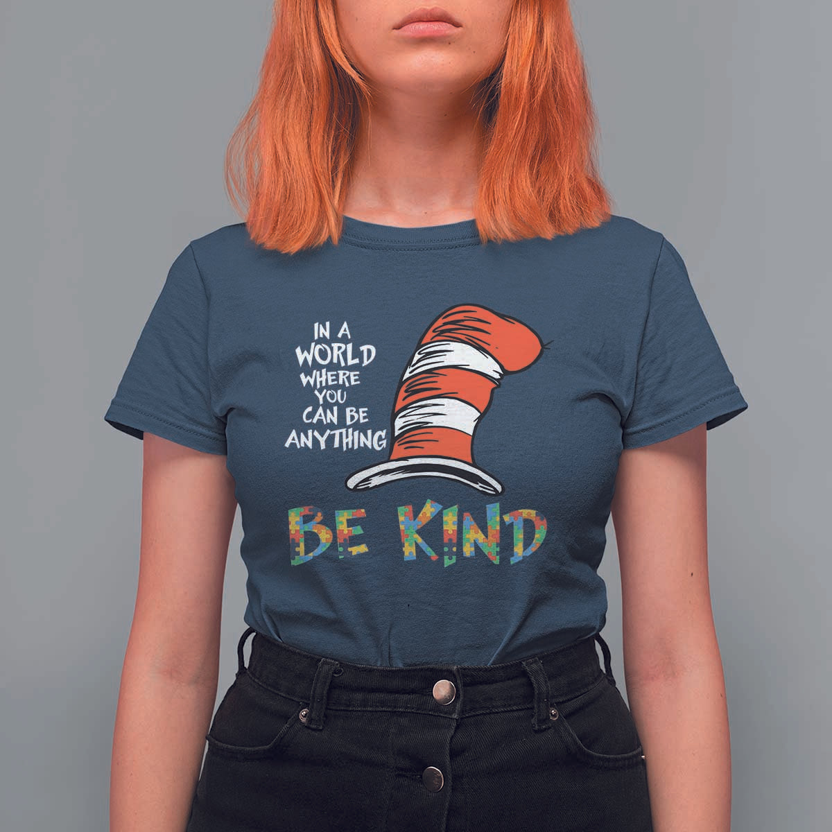 Autism Awareness T Shirt For Women Why Fit In When You Were Born To Stand Out Cat In Hat