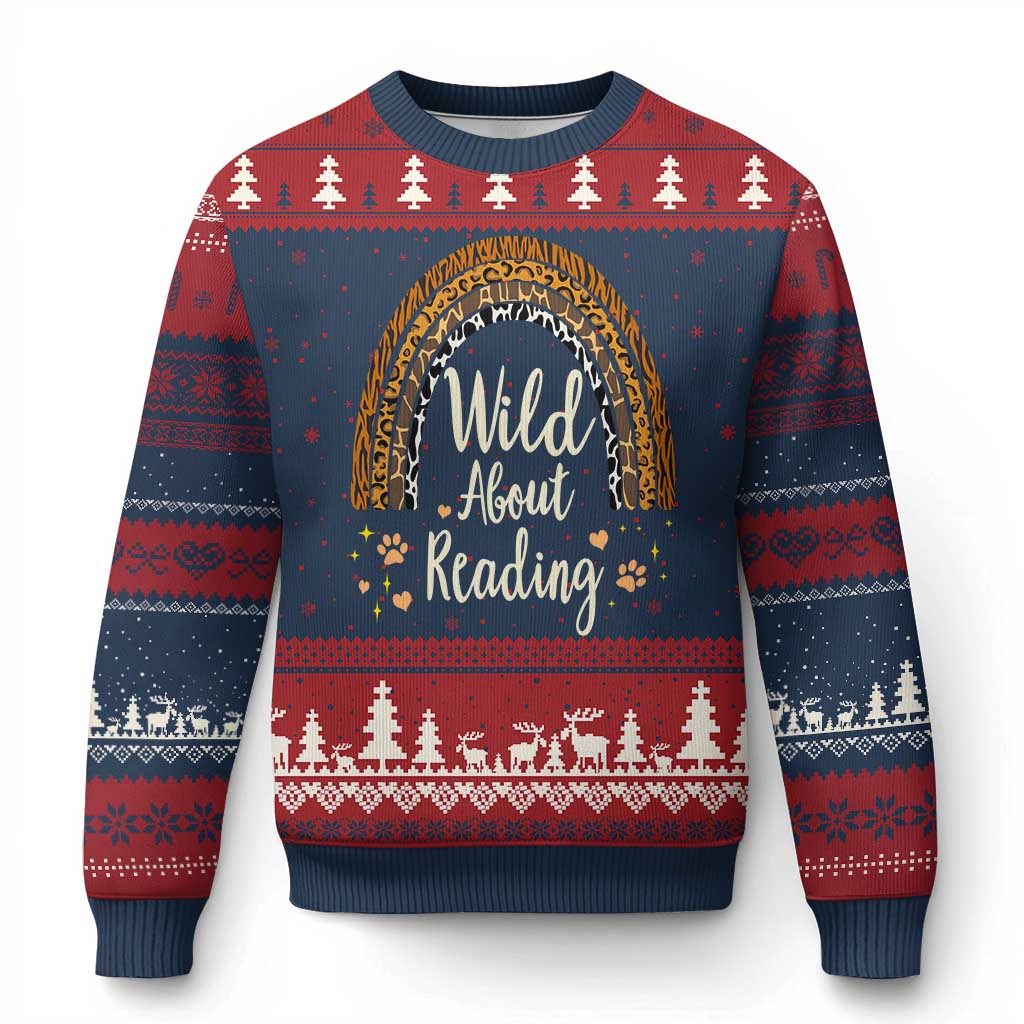Wild About Reading Ugly Christmas Sweater Teacher Student Back to School Retro Rainbow - Wonder Print Shop