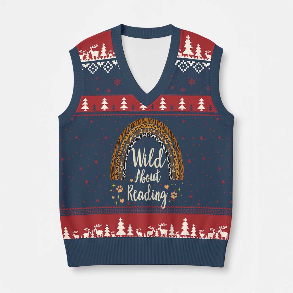 Wild About Reading V-Neck Knit Sweater Vest Teacher Student Back to School Retro Rainbow - Wonder Print Shop