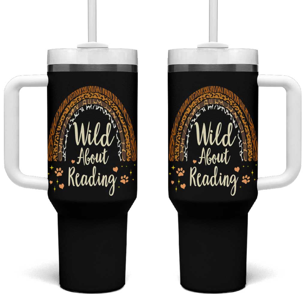 Wild About Reading Tumbler With Handle Teacher Student Back to School Retro Rainbow