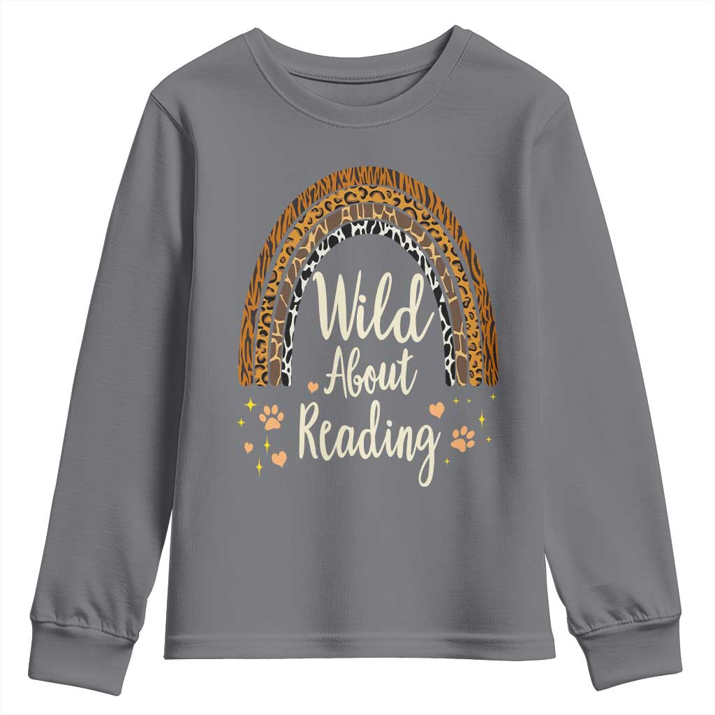 Wild About Reading Youth Sweatshirt Teacher Student Back to School Retro Rainbow