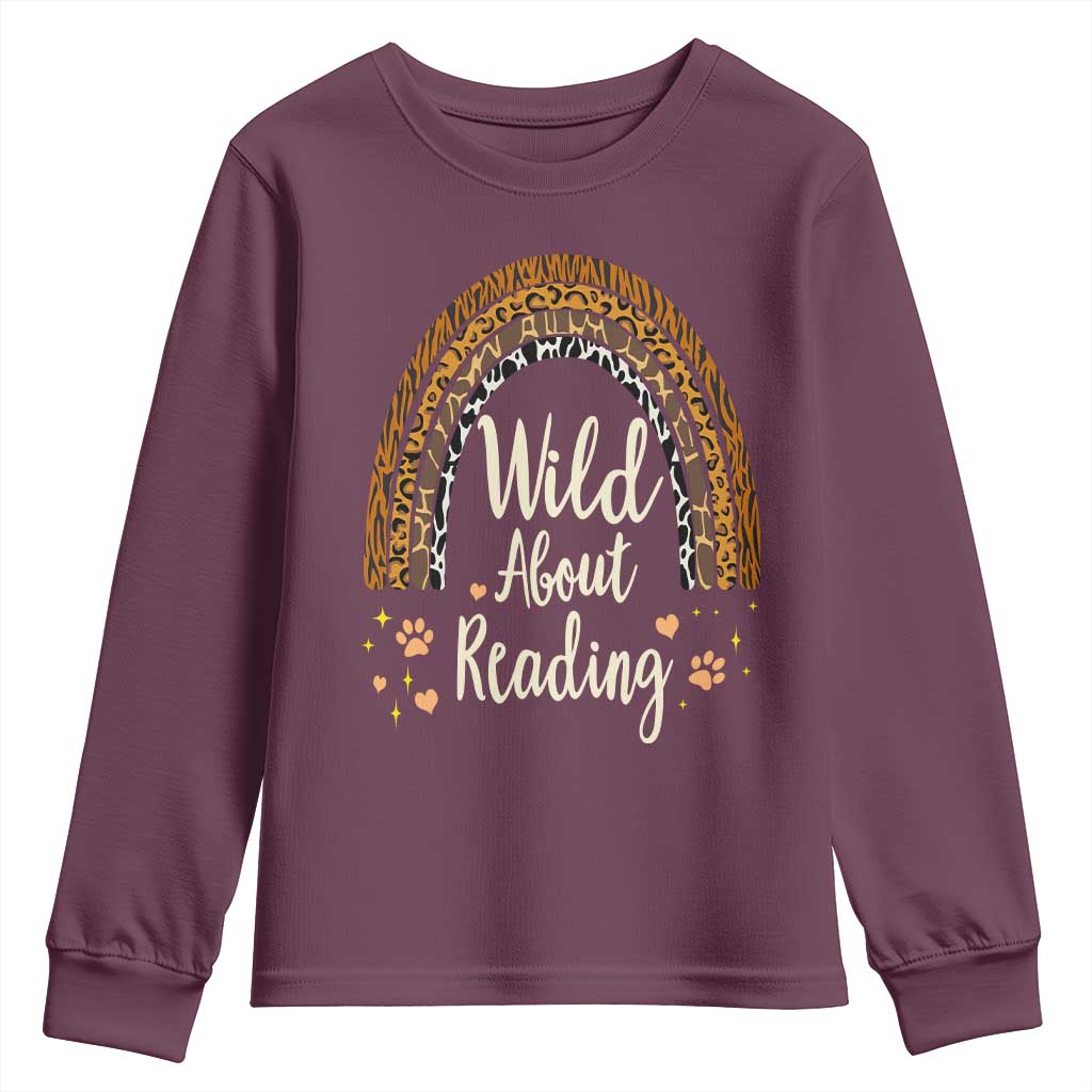 Wild About Reading Youth Sweatshirt Teacher Student Back to School Retro Rainbow