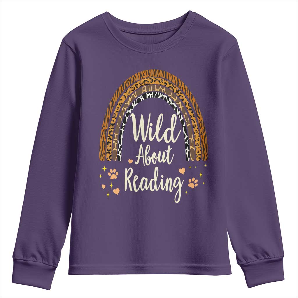 Wild About Reading Youth Sweatshirt Teacher Student Back to School Retro Rainbow