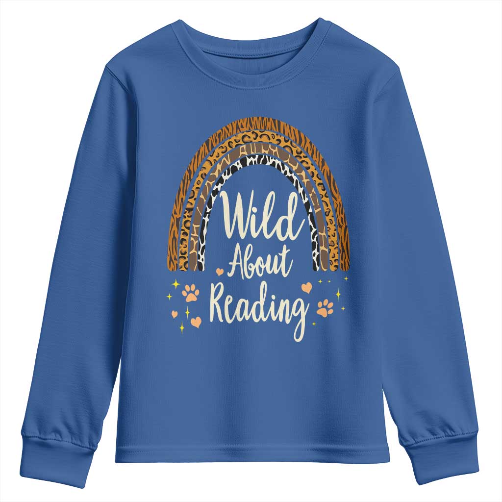 Wild About Reading Youth Sweatshirt Teacher Student Back to School Retro Rainbow