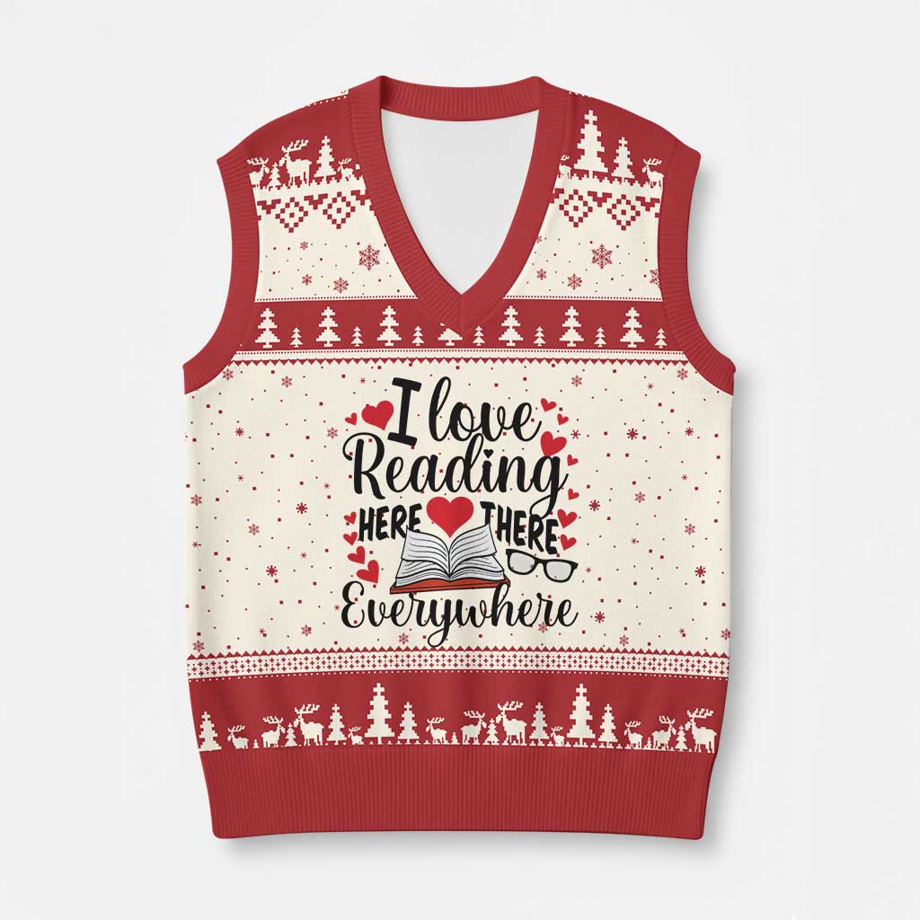 I Love Reading Here There Anywhere V-Neck Knit Sweater Vest Reading Month Across America - Wonder Print Shop