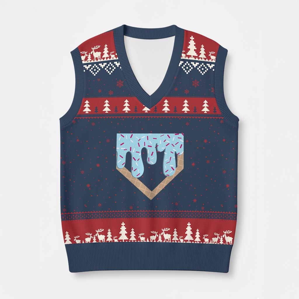 Baseball Ice Cream Dripping V-Neck Knit Sweater Vest Home Plate Drip - Wonder Print Shop
