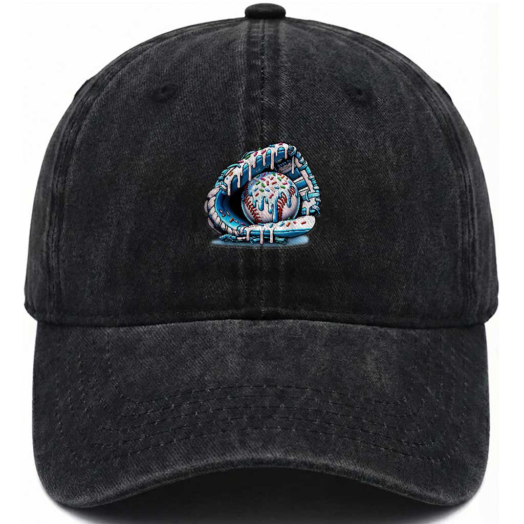 Baseball Drip Sprinkles Ice Cream Washed Cotton Baseball Cap Ball and Glove Dripping