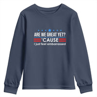 Are We Great Yet I Just Feel Embarrassed Youth Sweatshirt Political Satire Stars and Stripes - Wonder Print Shop