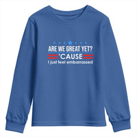 Are We Great Yet I Just Feel Embarrassed Youth Sweatshirt Political Satire Stars and Stripes - Wonder Print Shop