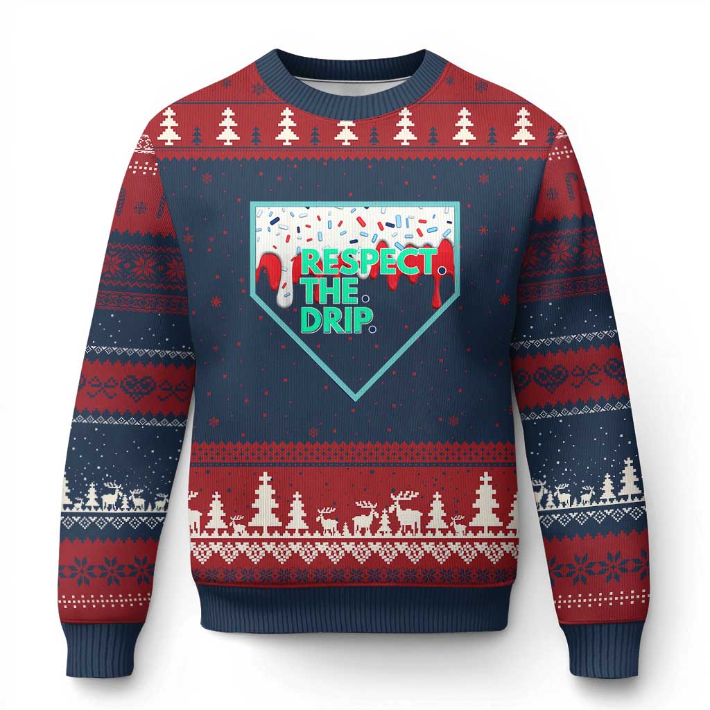 Baseball Home Plate Dripping Ice Cream Ugly Christmas Sweater Respect The Drip Social Club Sprinkles - Wonder Print Shop