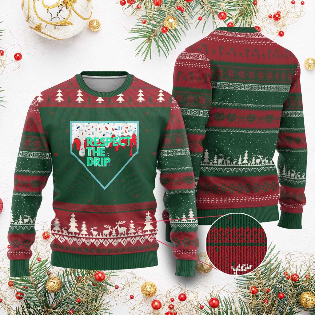 Baseball Home Plate Dripping Ice Cream Ugly Christmas Sweater Respect The Drip Social Club Sprinkles - Wonder Print Shop