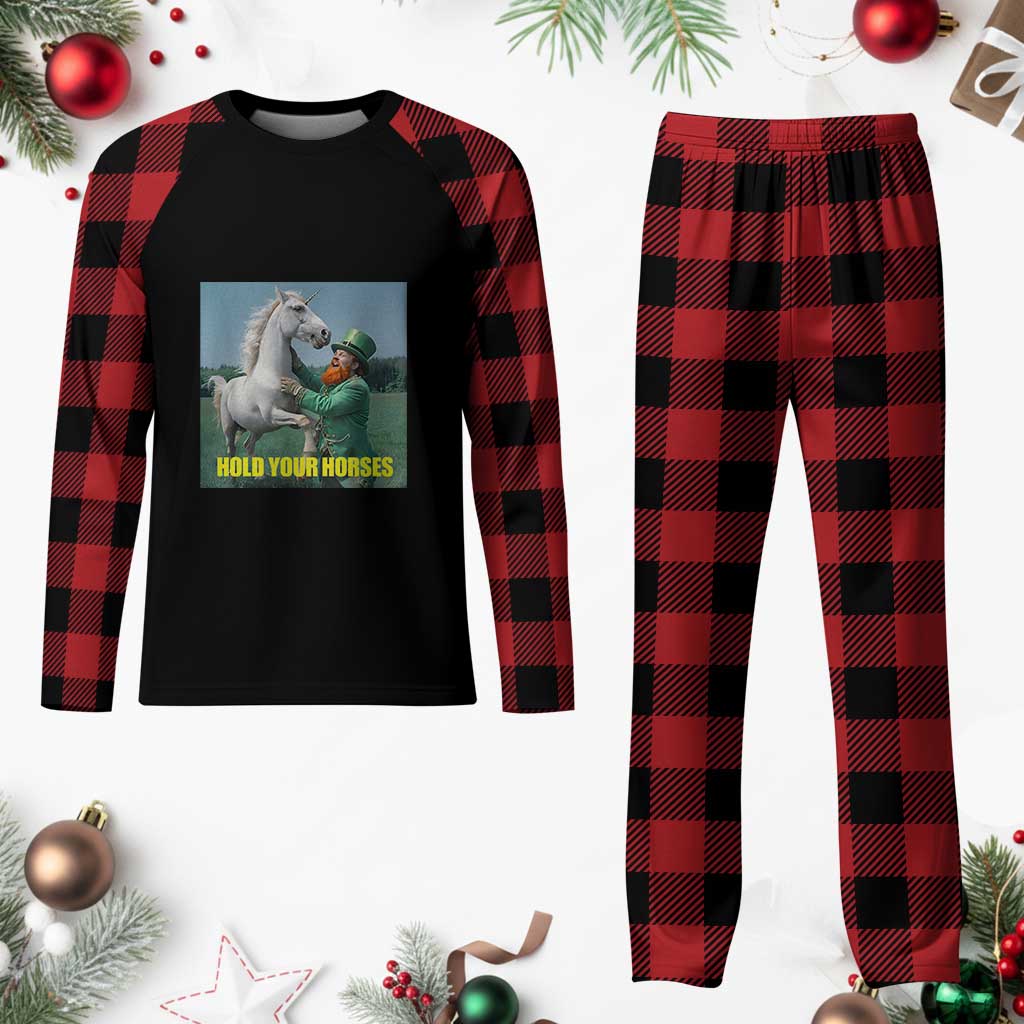 Funny Leprechaun Hold Your Horse Plaid Pajama Set Unicorn St Patrick's Day - Wonder Print Shop