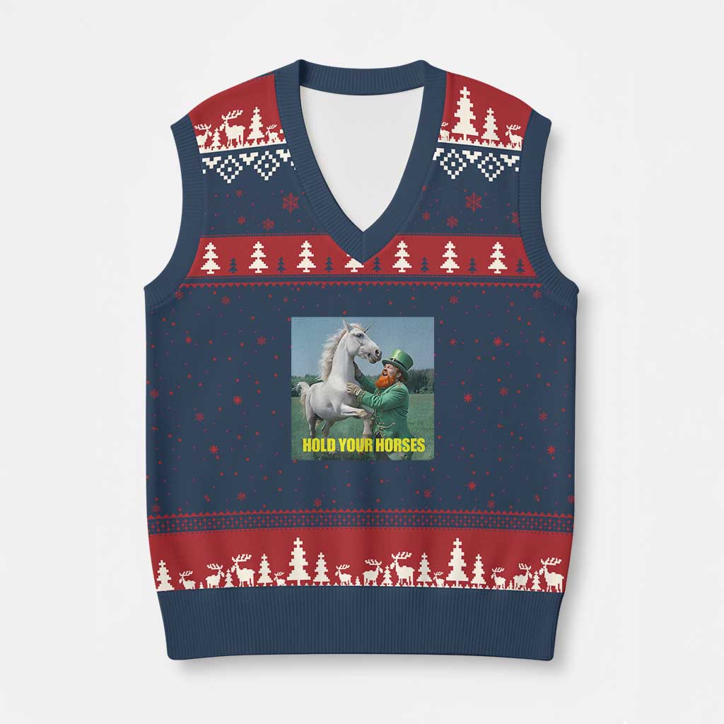 Funny Leprechaun Hold Your Horse V-Neck Knit Sweater Vest Unicorn St Patrick's Day - Wonder Print Shop