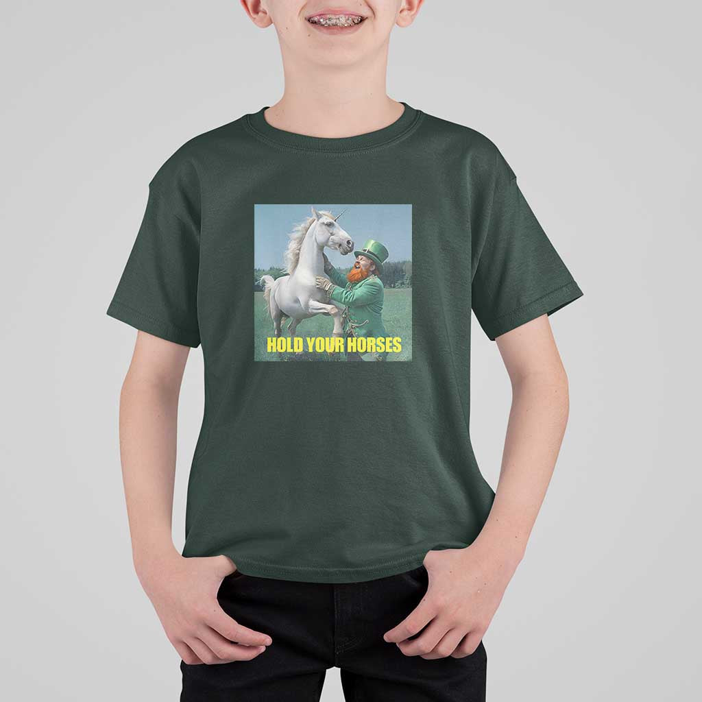 Funny Leprechaun Hold Your Horse T Shirt For Kid Unicorn St Patrick's Day