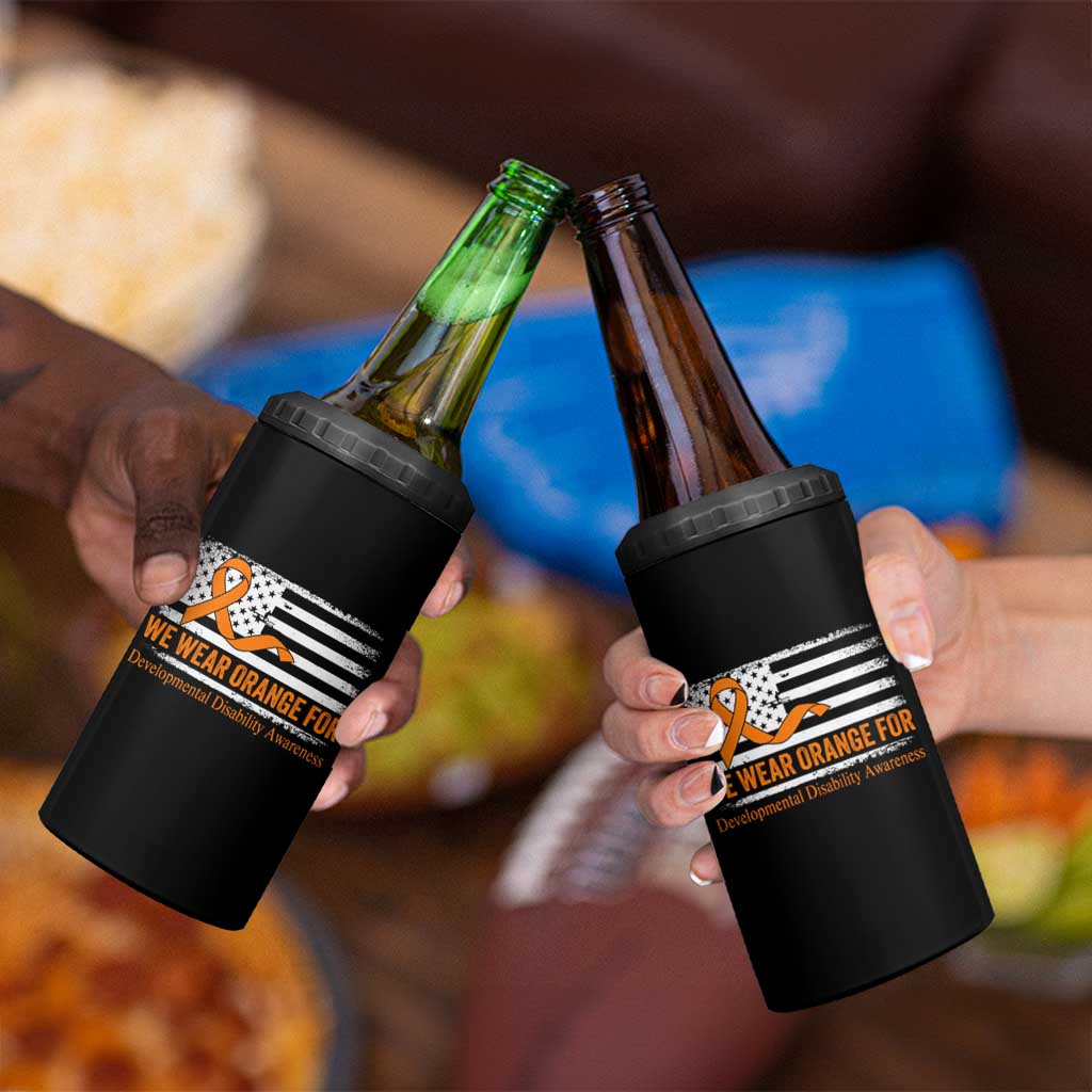 Developmental Disability Awareness 4 in 1 Can Cooler Tumbler US American Flag We Wear Orange