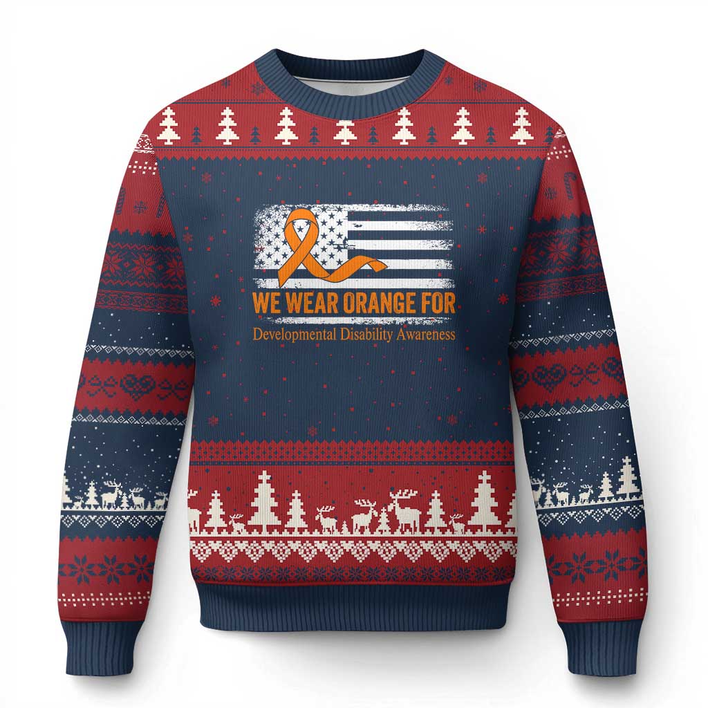 Developmental Disability Awareness Ugly Christmas Sweater US American Flag We Wear Orange - Wonder Print Shop