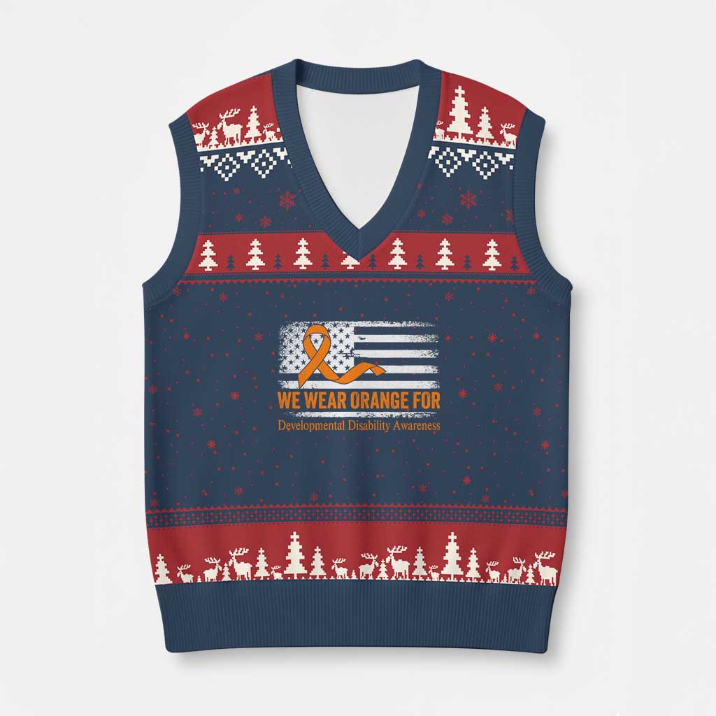 Developmental Disability Awareness V-Neck Knit Sweater Vest US American Flag We Wear Orange - Wonder Print Shop