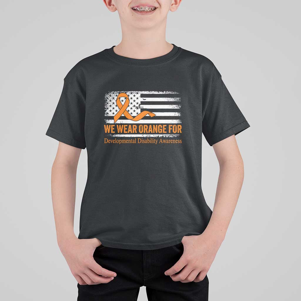 Developmental Disability Awareness T Shirt For Kid US American Flag We Wear Orange