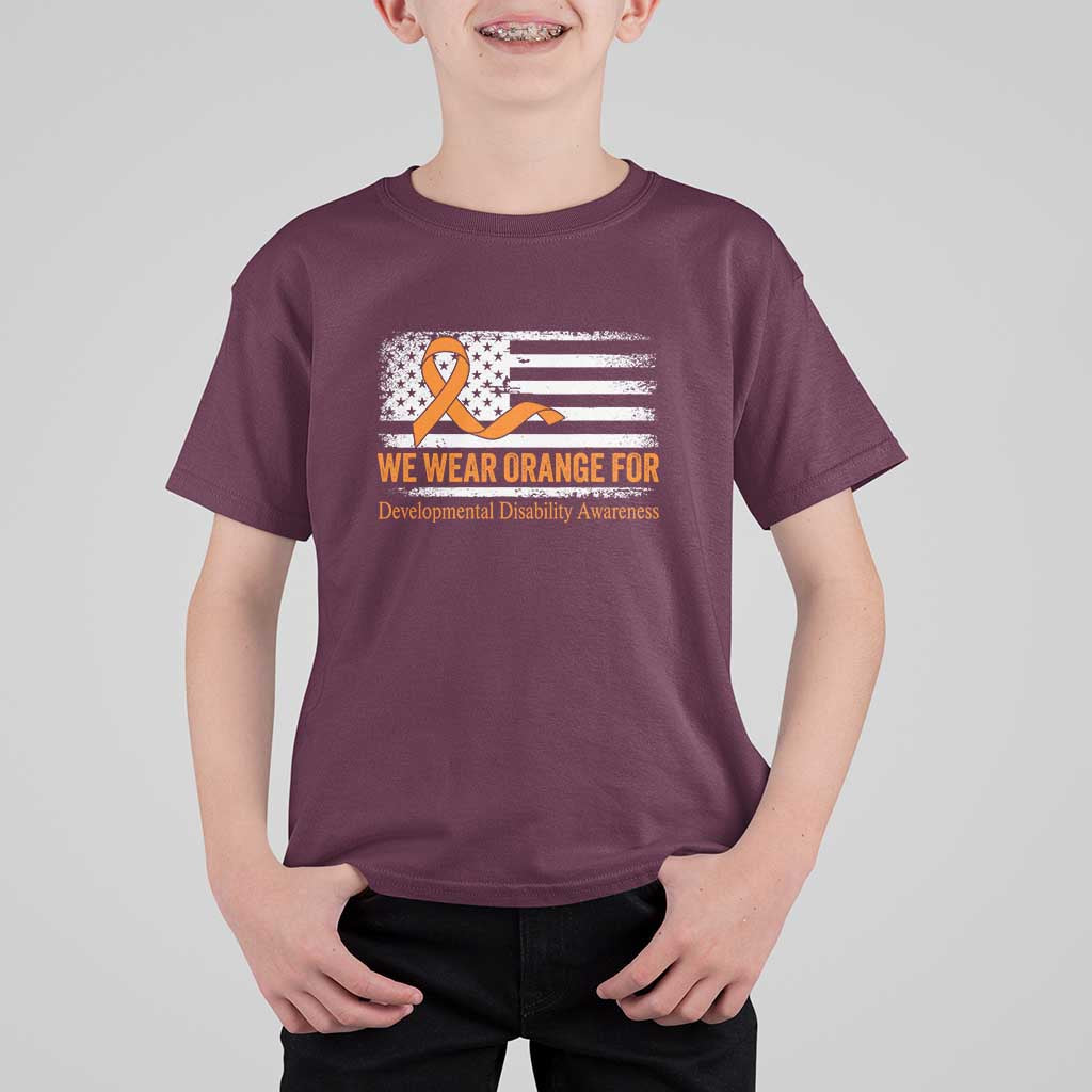 Developmental Disability Awareness T Shirt For Kid US American Flag We Wear Orange