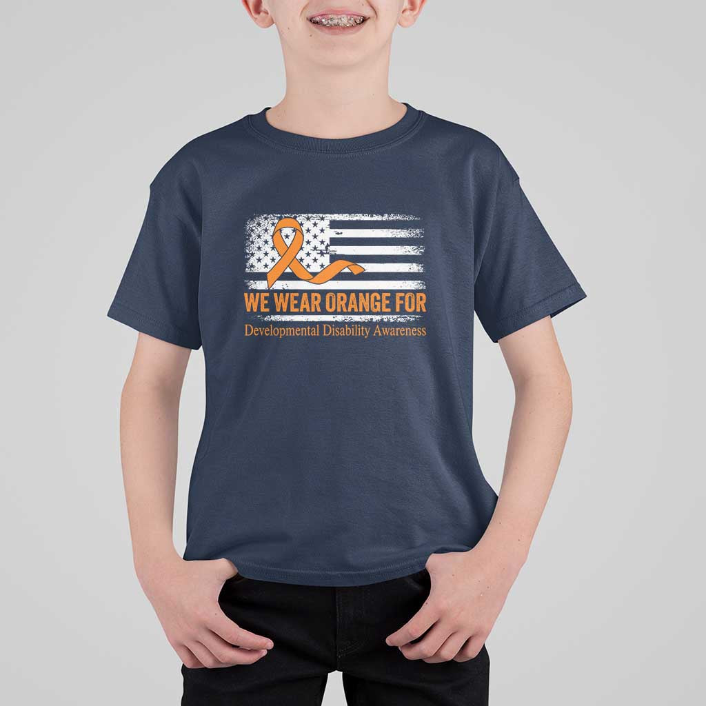 Developmental Disability Awareness T Shirt For Kid US American Flag We Wear Orange