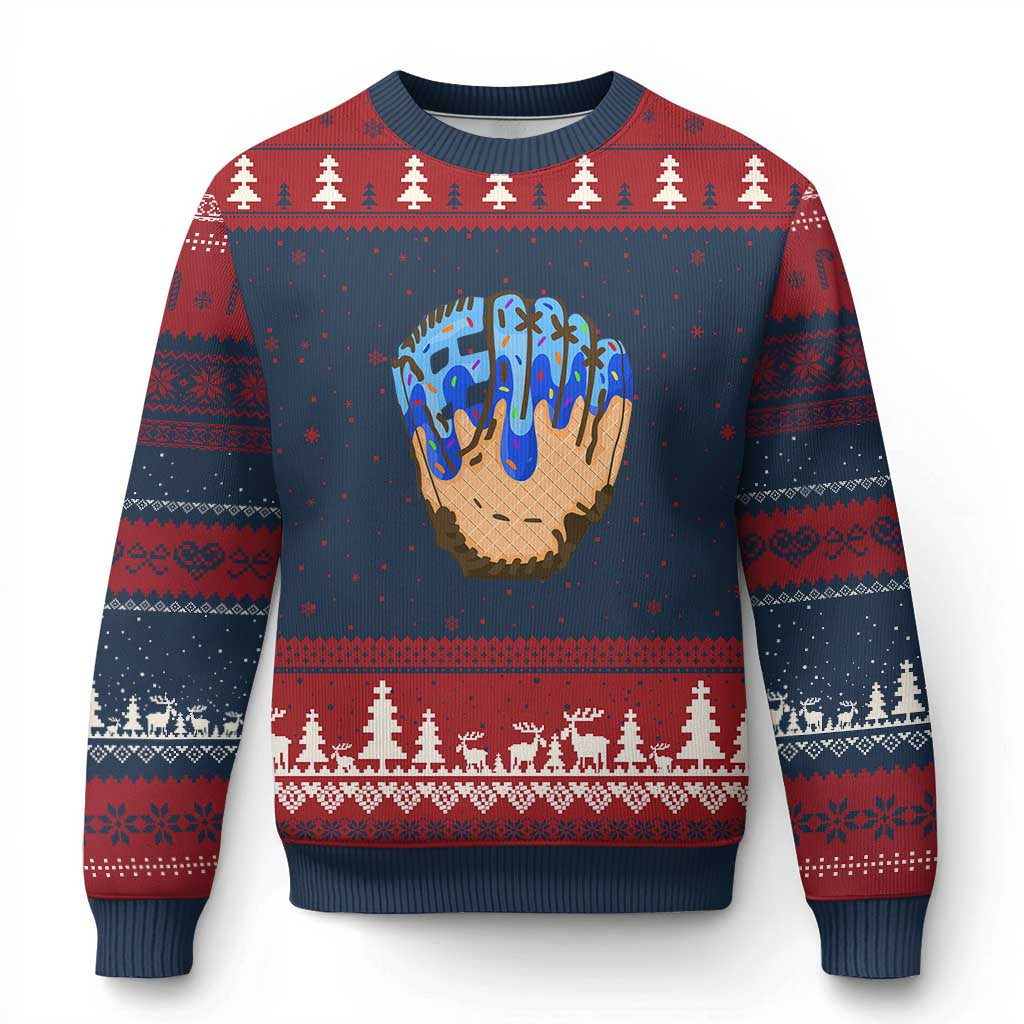 Blue Ice Cream Cone Baseball Glove Drip Ugly Christmas Sweater - Wonder Print Shop