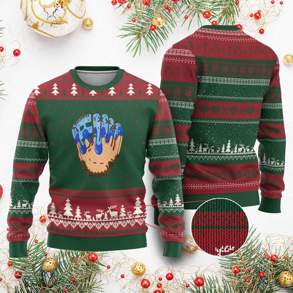 Blue Ice Cream Cone Baseball Glove Drip Ugly Christmas Sweater - Wonder Print Shop