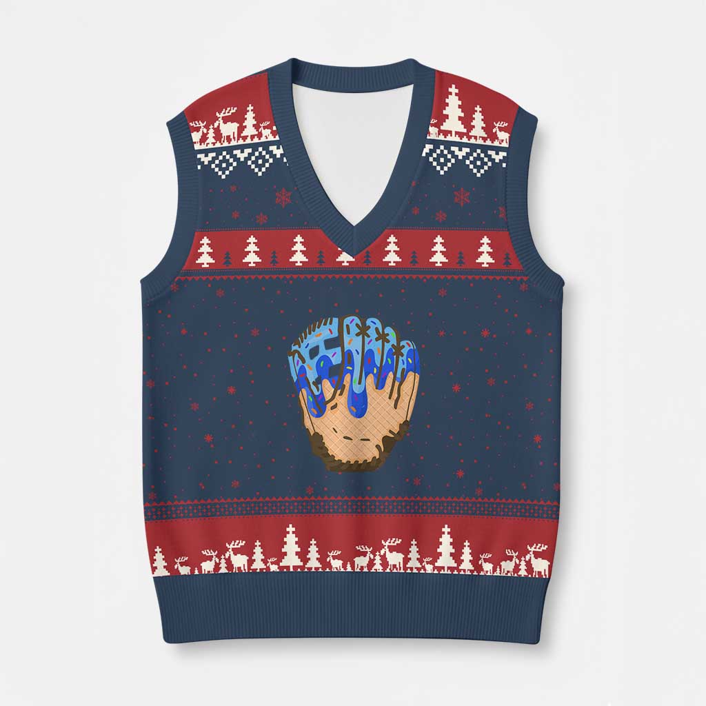 Blue Ice Cream Cone Baseball Glove Drip V-Neck Knit Sweater Vest - Wonder Print Shop