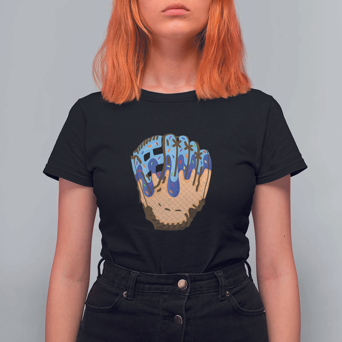 Blue Ice Cream Cone Baseball Glove Drip T Shirt For Women