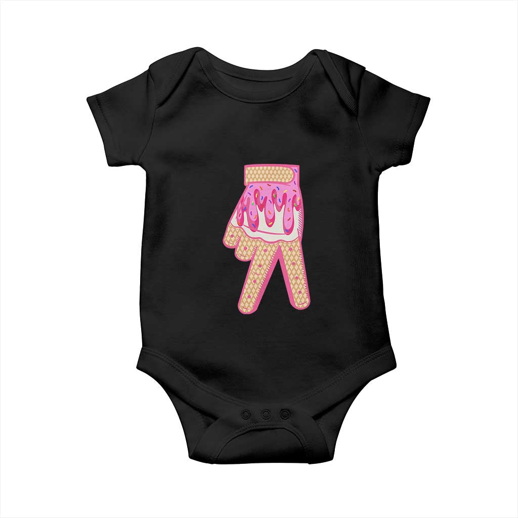 Pink Ice Cream Baseball Glove Sprinkles Drip Baby Onesie Funny V Sign