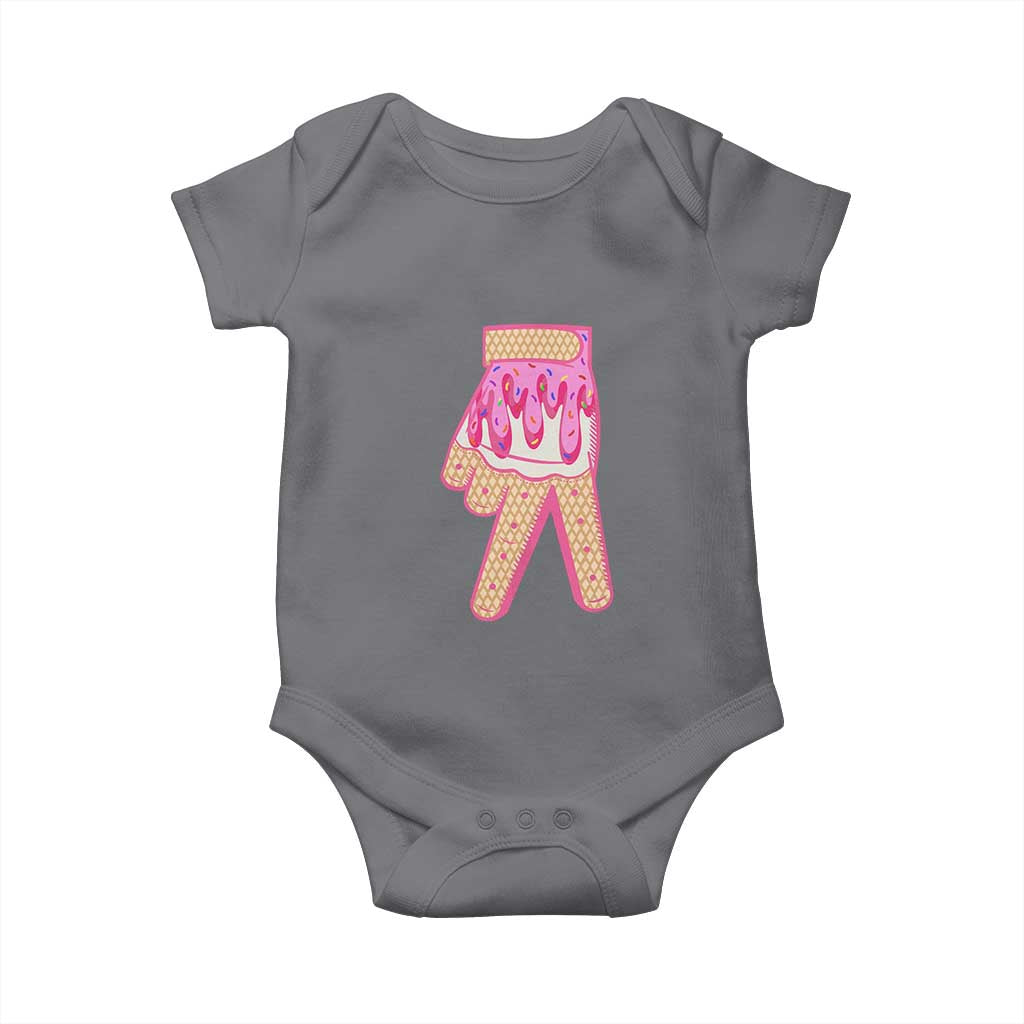 Pink Ice Cream Baseball Glove Sprinkles Drip Baby Onesie Funny V Sign