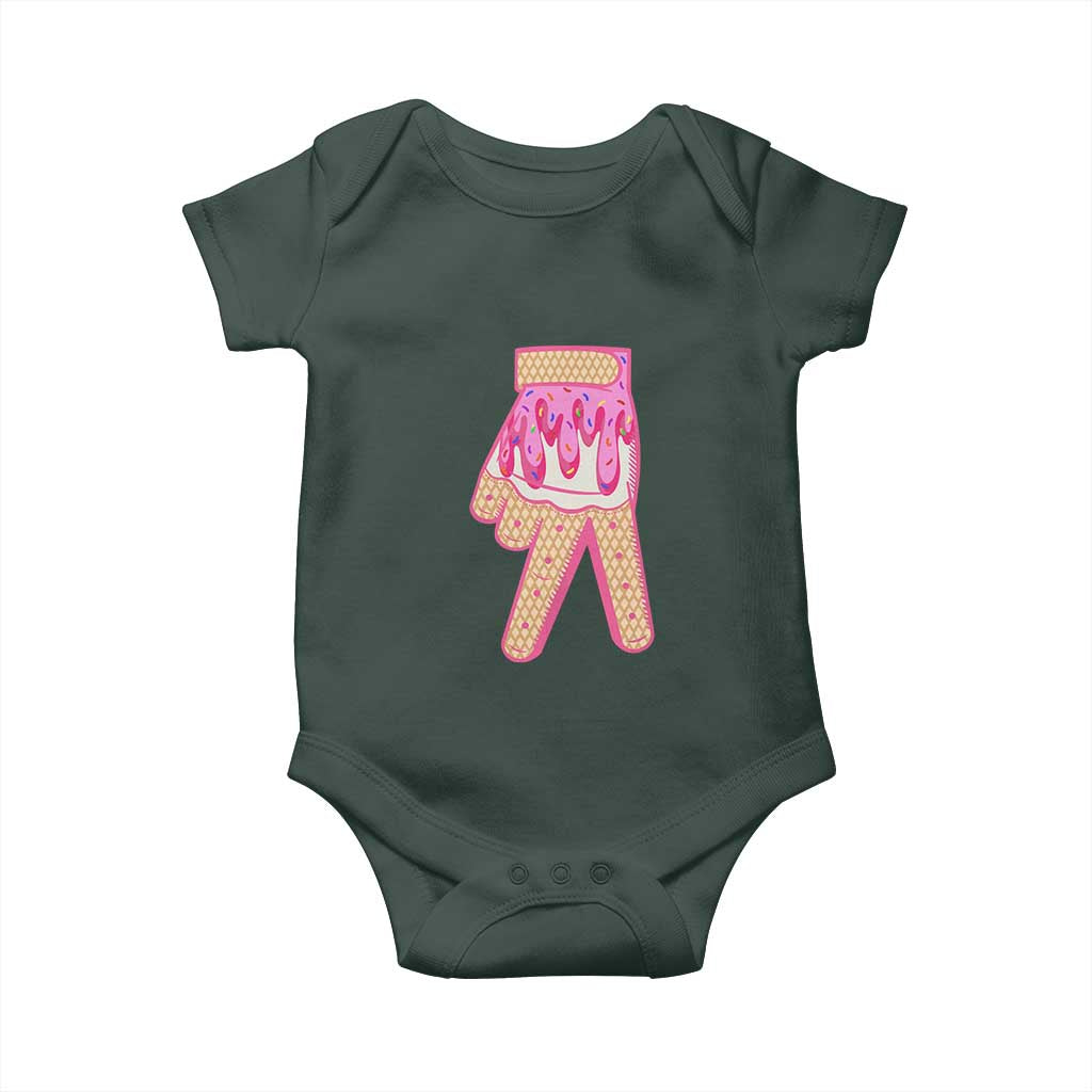 Pink Ice Cream Baseball Glove Sprinkles Drip Baby Onesie Funny V Sign