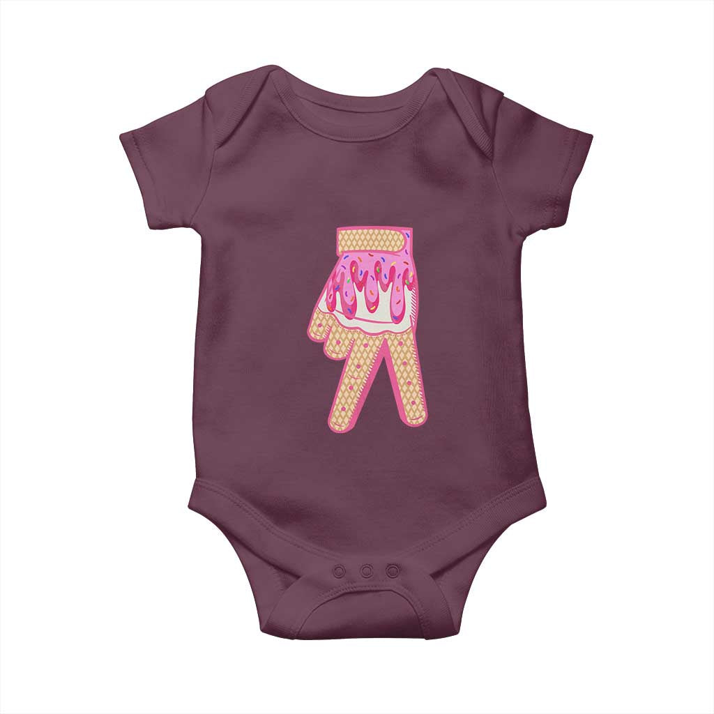 Pink Ice Cream Baseball Glove Sprinkles Drip Baby Onesie Funny V Sign