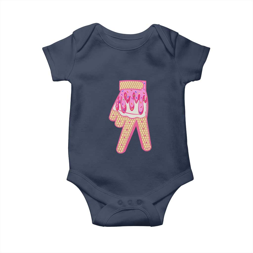 Pink Ice Cream Baseball Glove Sprinkles Drip Baby Onesie Funny V Sign