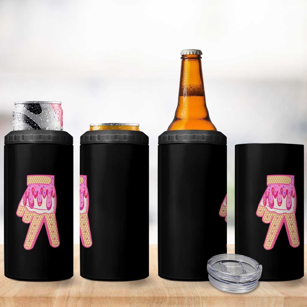 Pink Ice Cream Baseball Glove Sprinkles Drip 4 in 1 Can Cooler Tumbler Funny V Sign