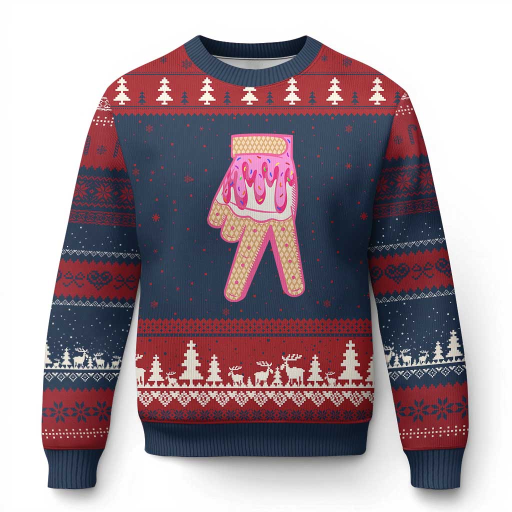 Pink Ice Cream Baseball Glove Sprinkles Drip Ugly Christmas Sweater Funny V Sign - Wonder Print Shop