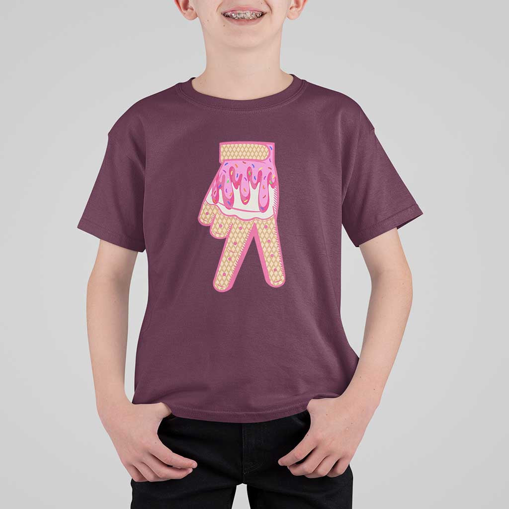 Pink Ice Cream Baseball Glove Sprinkles Drip T Shirt For Kid Funny V Sign