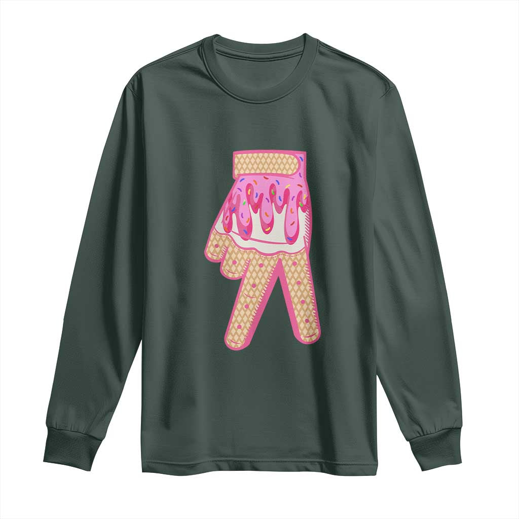 Pink Ice Cream Baseball Glove Sprinkles Drip Long Sleeve Shirt Funny V Sign
