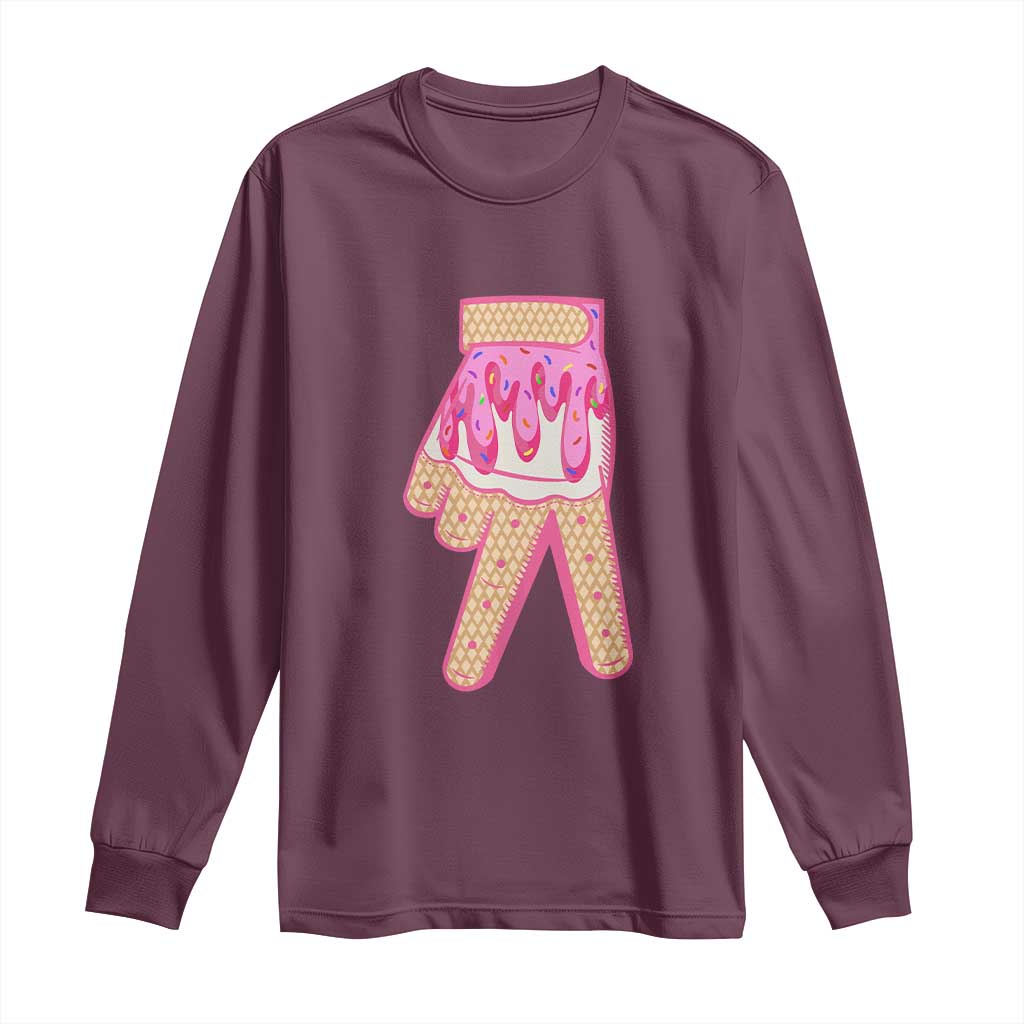 Pink Ice Cream Baseball Glove Sprinkles Drip Long Sleeve Shirt Funny V Sign