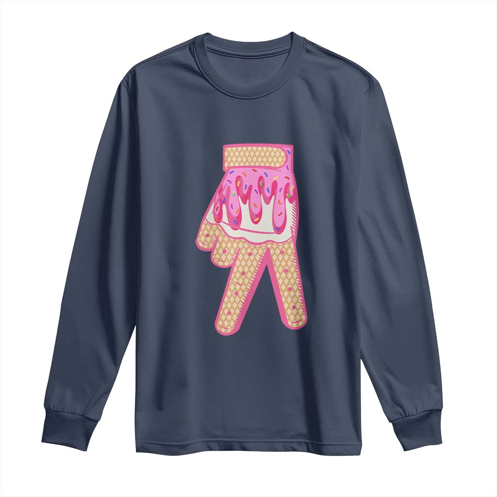 Pink Ice Cream Baseball Glove Sprinkles Drip Long Sleeve Shirt Funny V Sign