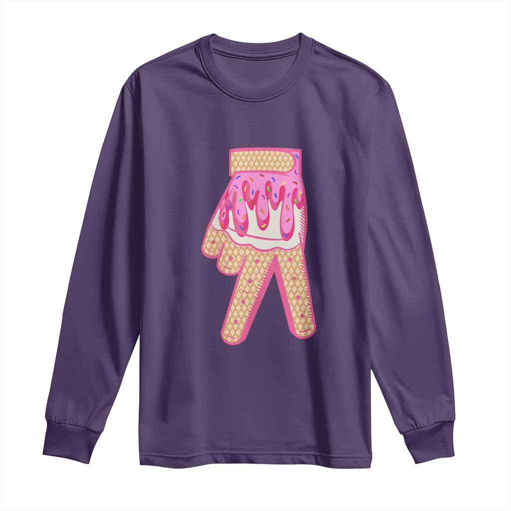 Pink Ice Cream Baseball Glove Sprinkles Drip Long Sleeve Shirt Funny V Sign