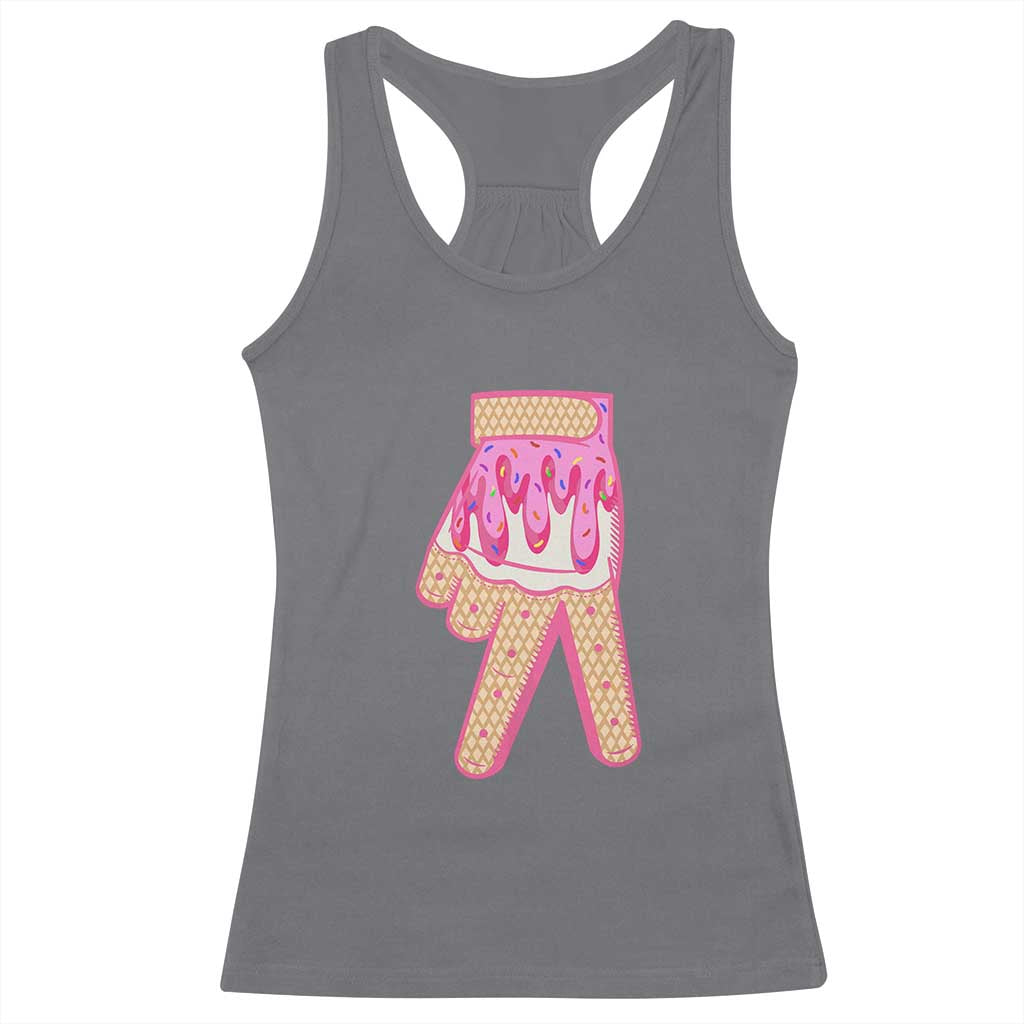 Pink Ice Cream Baseball Glove Sprinkles Drip Racerback Tank Top Funny V Sign