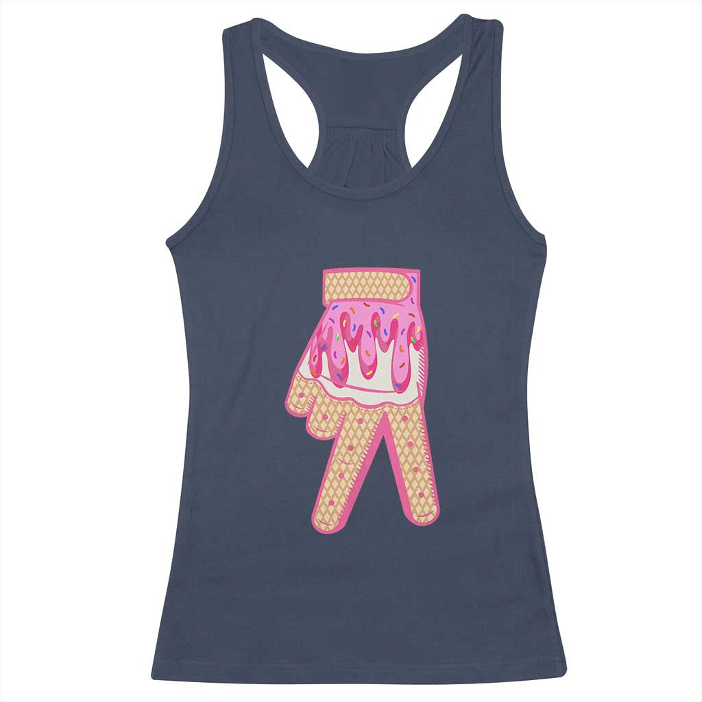 Pink Ice Cream Baseball Glove Sprinkles Drip Racerback Tank Top Funny V Sign