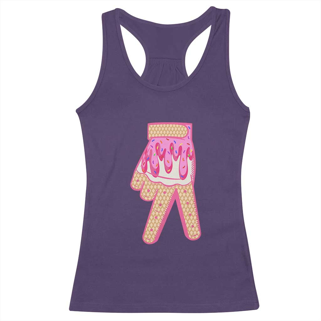 Pink Ice Cream Baseball Glove Sprinkles Drip Racerback Tank Top Funny V Sign