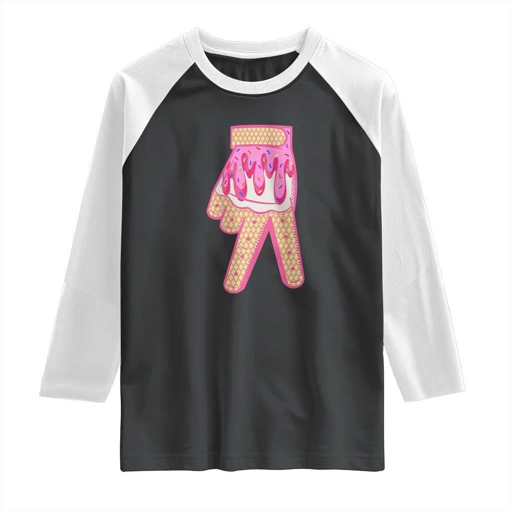 Pink Ice Cream Baseball Glove Sprinkles Drip Raglan Shirt Funny V Sign