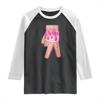 Pink Ice Cream Baseball Glove Sprinkles Drip Raglan Shirt Funny V Sign