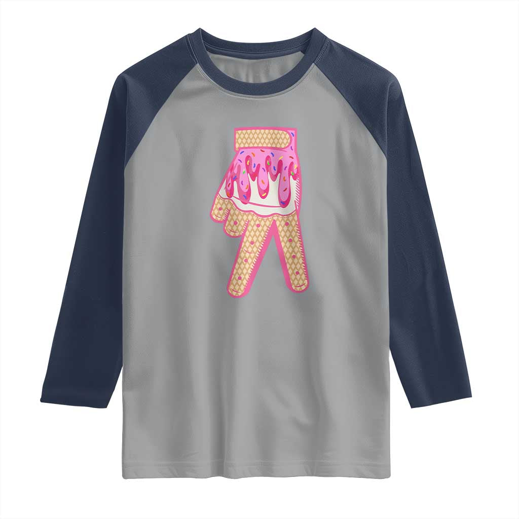 Pink Ice Cream Baseball Glove Sprinkles Drip Raglan Shirt Funny V Sign