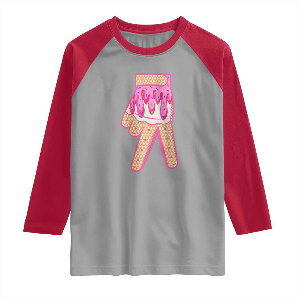 Pink Ice Cream Baseball Glove Sprinkles Drip Raglan Shirt Funny V Sign