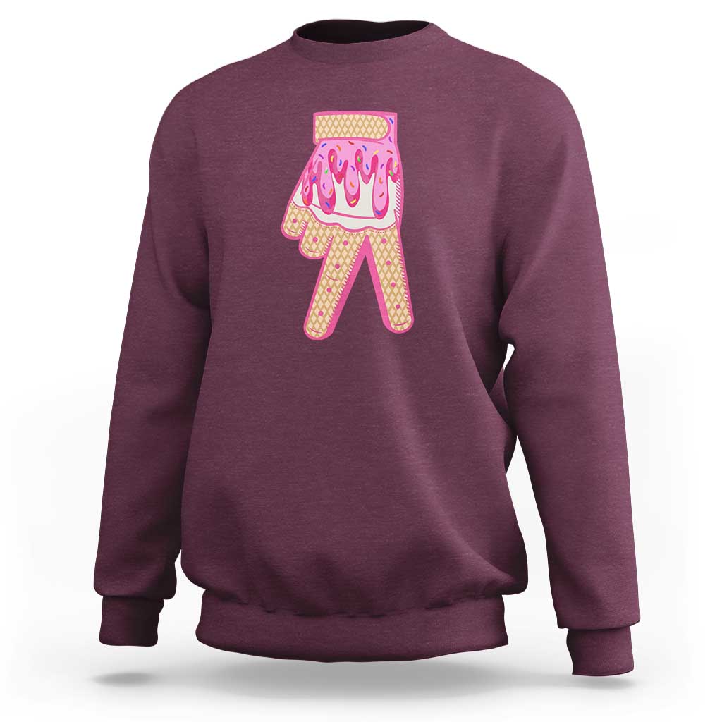 Pink Ice Cream Baseball Glove Sprinkles Drip Sweatshirt Funny V Sign
