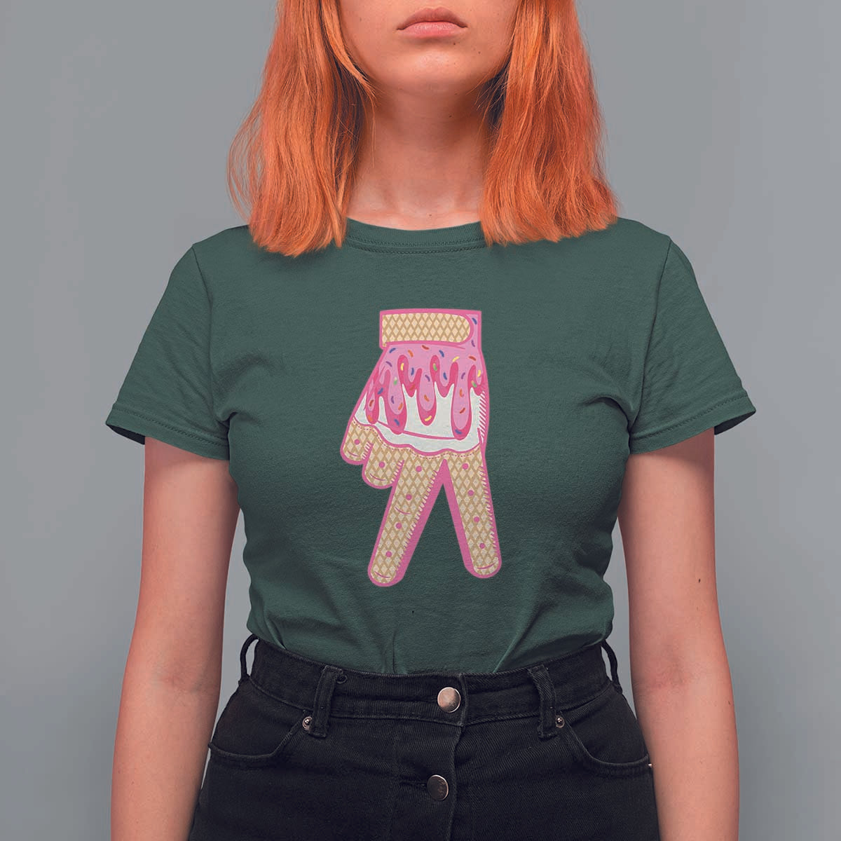 Pink Ice Cream Baseball Glove Sprinkles Drip T Shirt For Women Funny V Sign