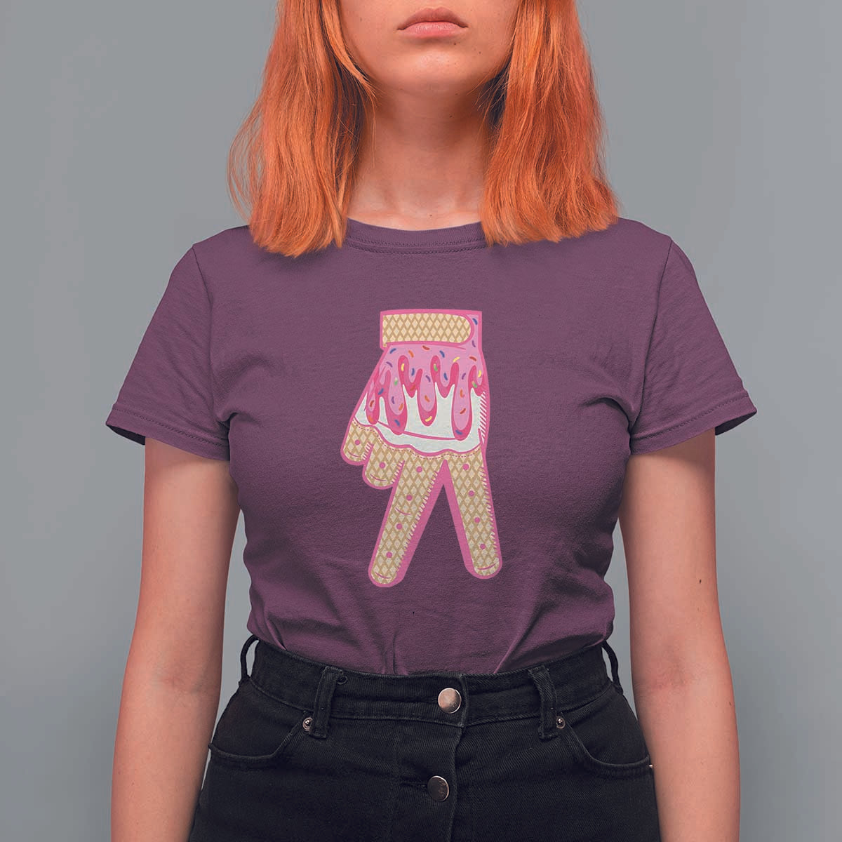 Pink Ice Cream Baseball Glove Sprinkles Drip T Shirt For Women Funny V Sign